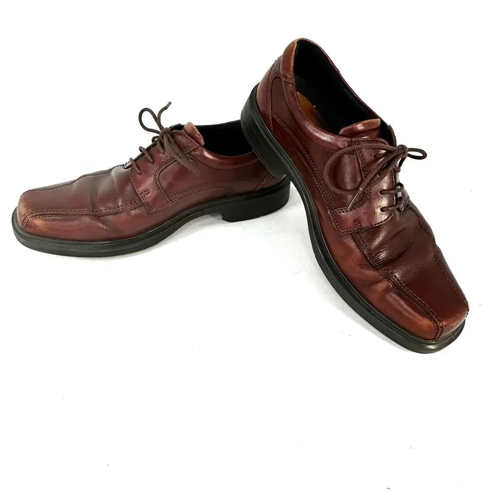 Ecco Mens 8-8.5 42 Dress Shoes Helsinki  Bike Toe Brown Leather Lace Up Casual